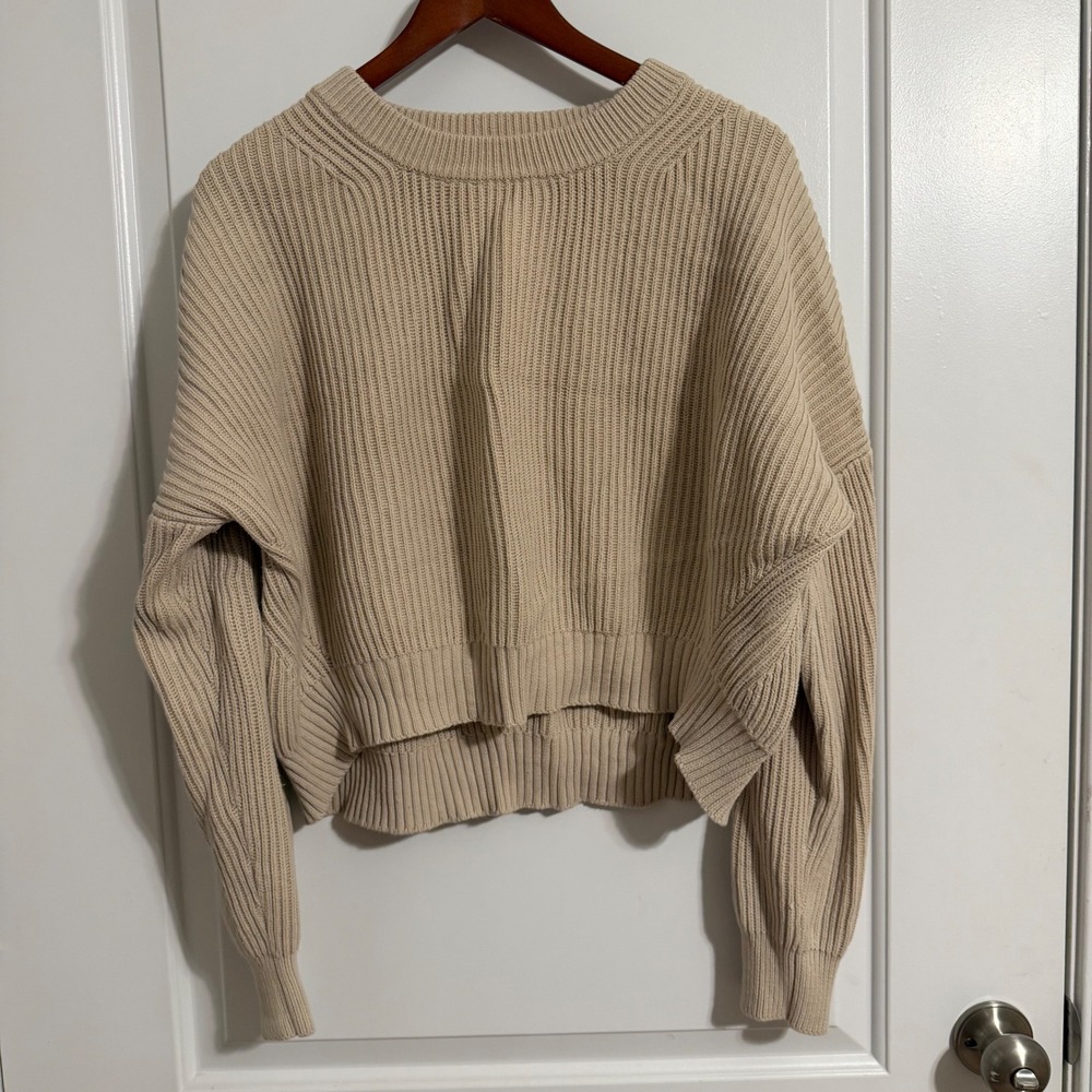 Michael Stars Womens Beige Ribbed Cotton Cropped Pullover Sweater SC92 Large